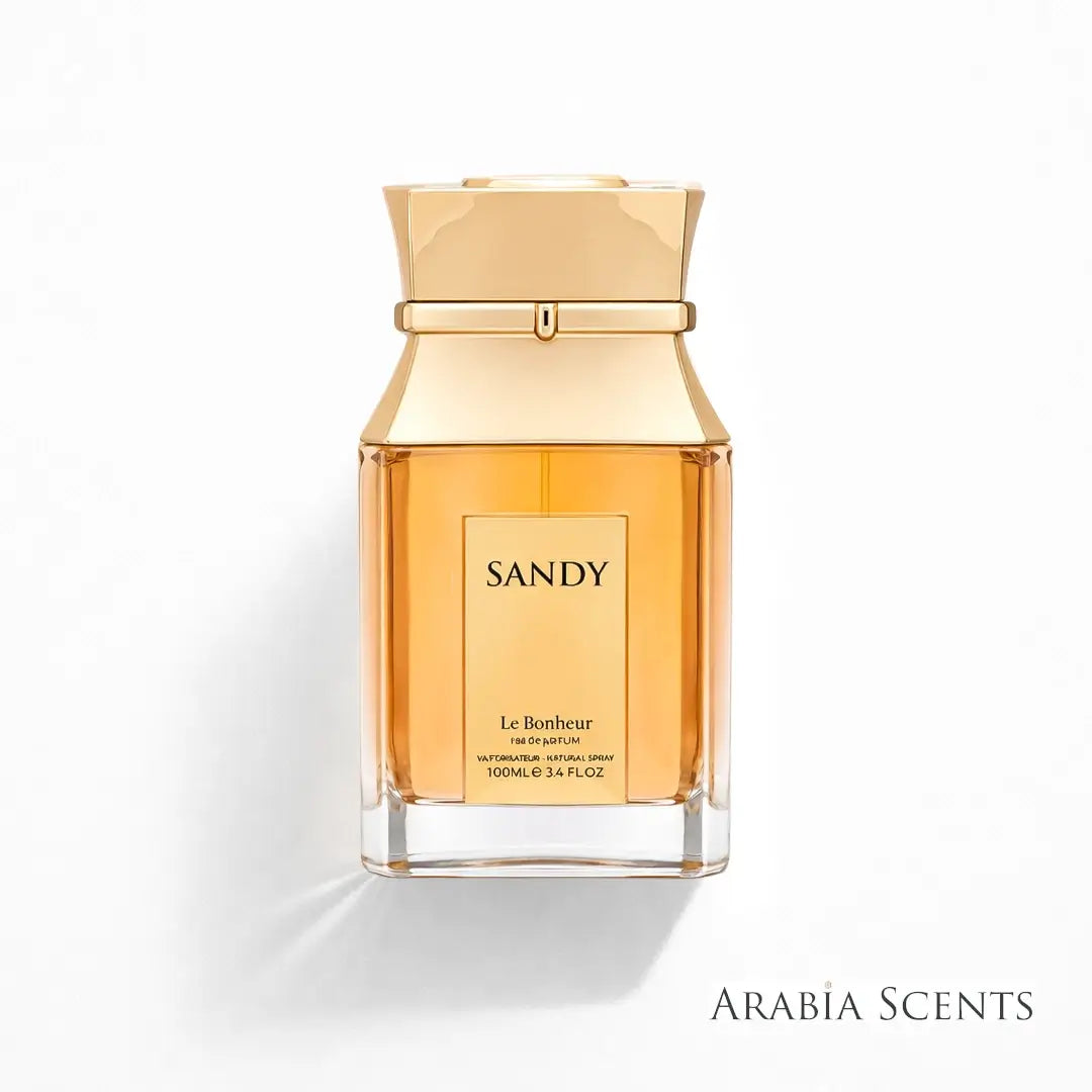 Perfume bottle labeled 'Sandy' branded by 'Le Bonheur' featured on ArabiaScents on a white background