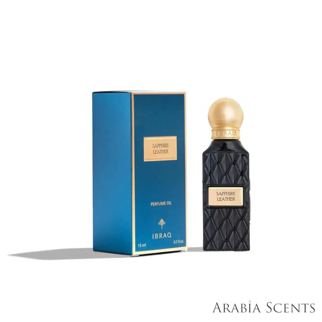 'Sapphire Leather' perfume oil bottle & packaging on a white background with 'Ibraq' branding featured by 'Arabiascents' 