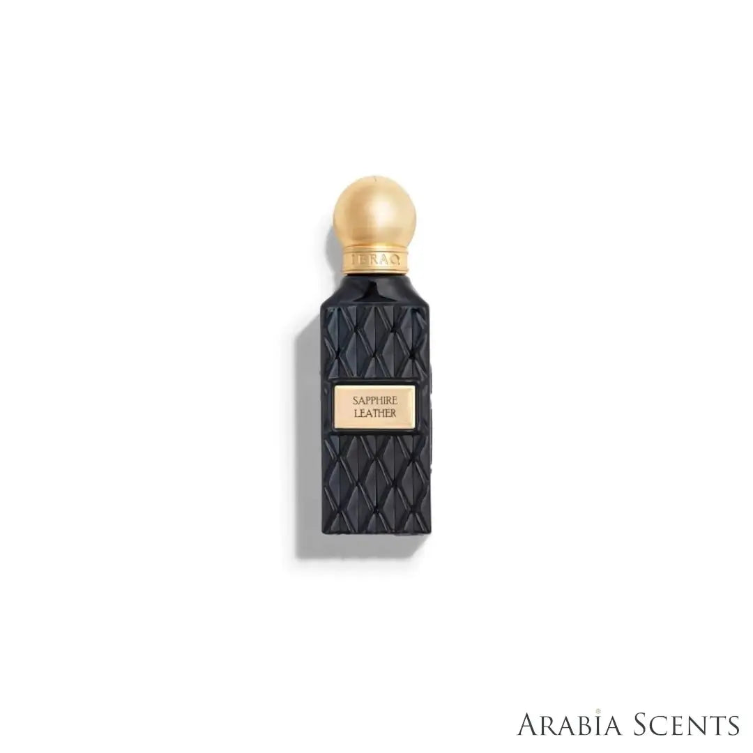 'Sapphire Leather' perfume oil bottle on a white background with 'Ibraq' branding featured by 'Arabiascents' 
