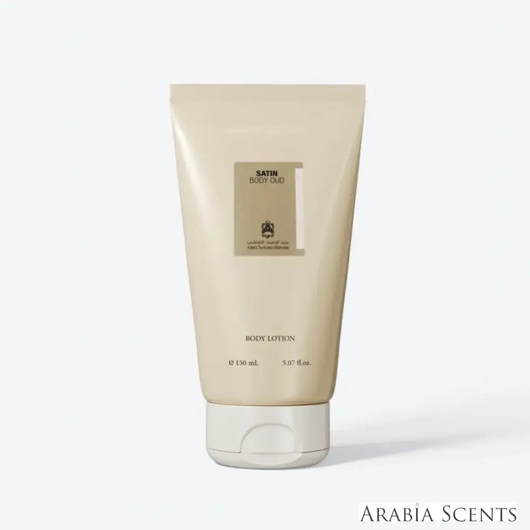 'Satin Body Oud' body lotion on a white background with 'ASQ' branding featured by 'Arabiascents'