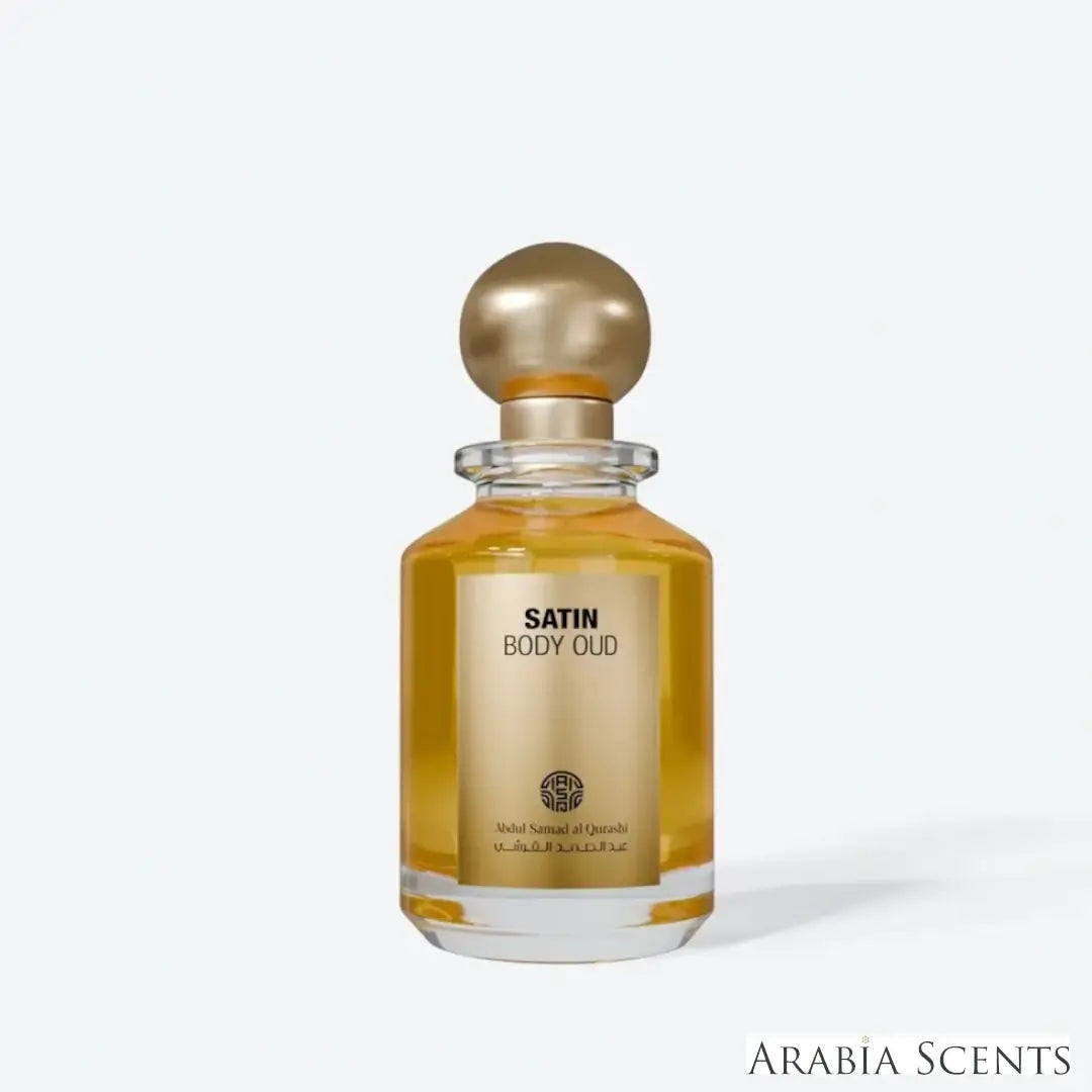 'Satin Body Oud' perfume bottle on a white background with 'ASQ' branding featured by 'Arabiascents'