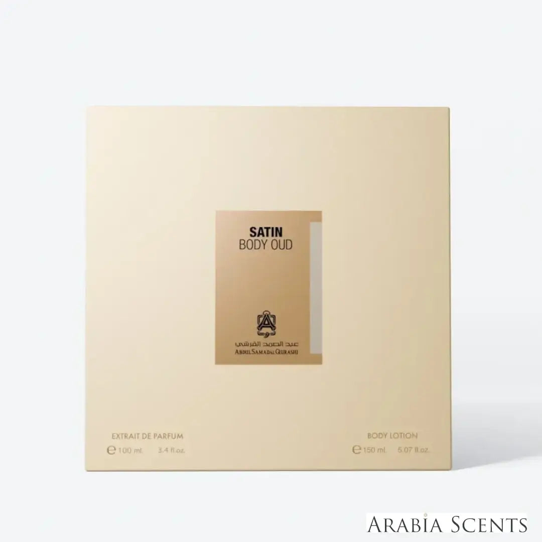 'Satin Body Oud' packaging on a white background with 'ASQ' branding featured by 'Arabiascents'