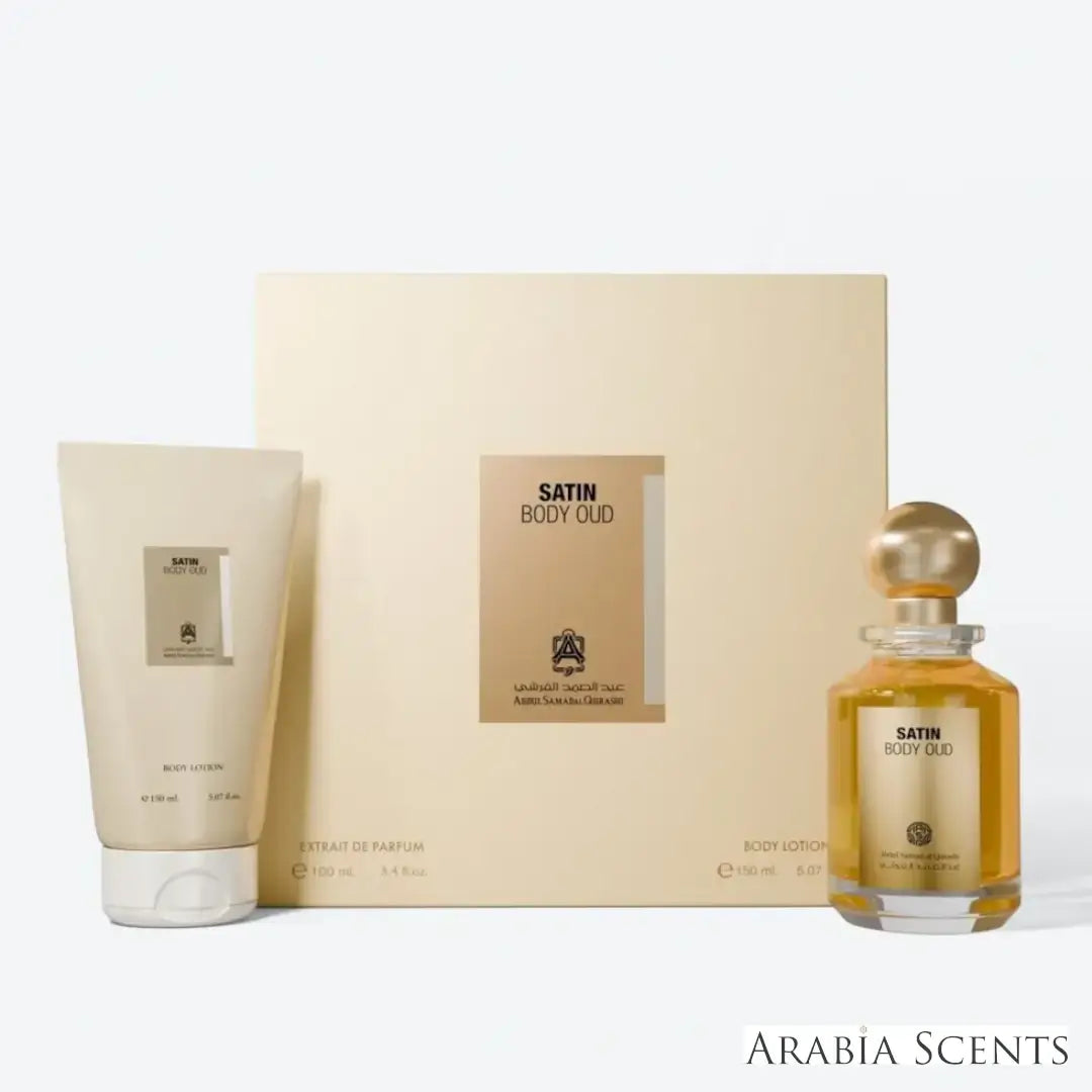 'Satin Body Oud' set on a white background with 'ASQ' branding featured by 'Arabiascents'
