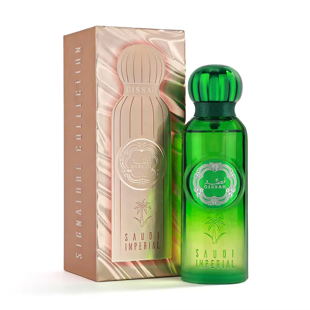 Green 'Saudi Imperial' perfume bottle with matching packaging on a white background branded Gissah