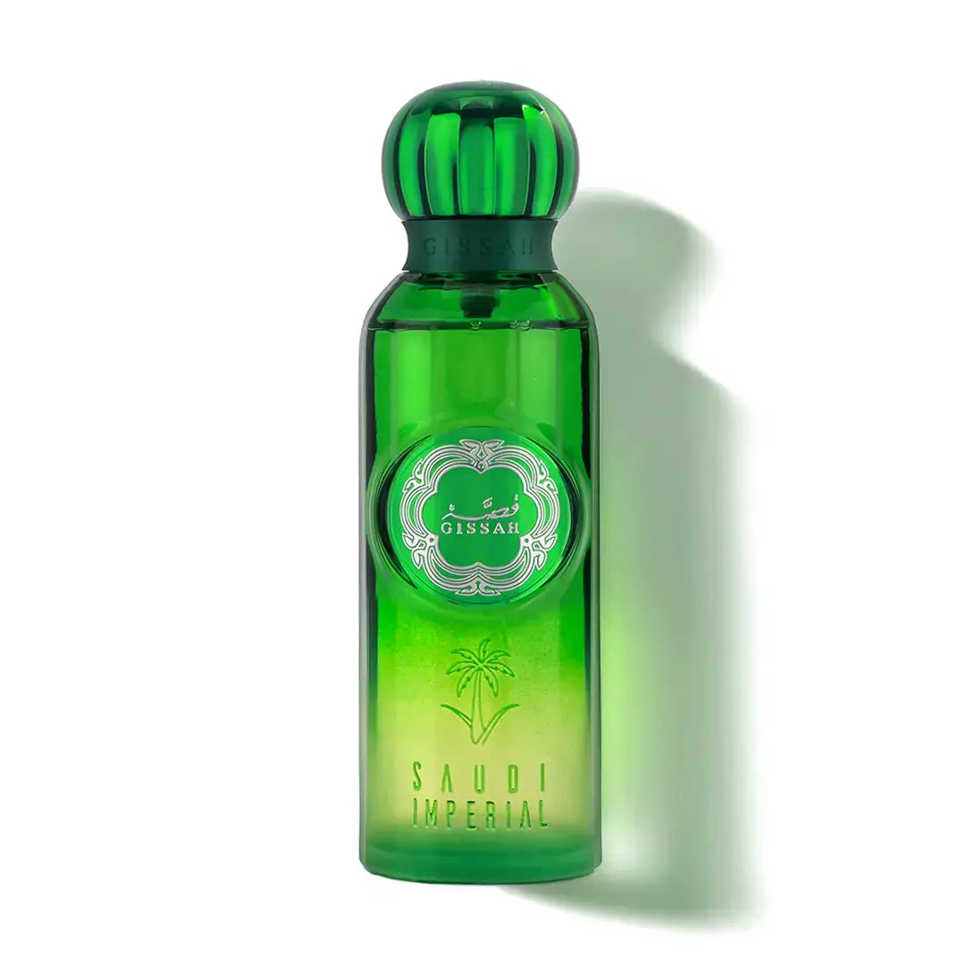 Green 'Saudi Imperial' perfume bottle with 'Gissah' branding on a white background