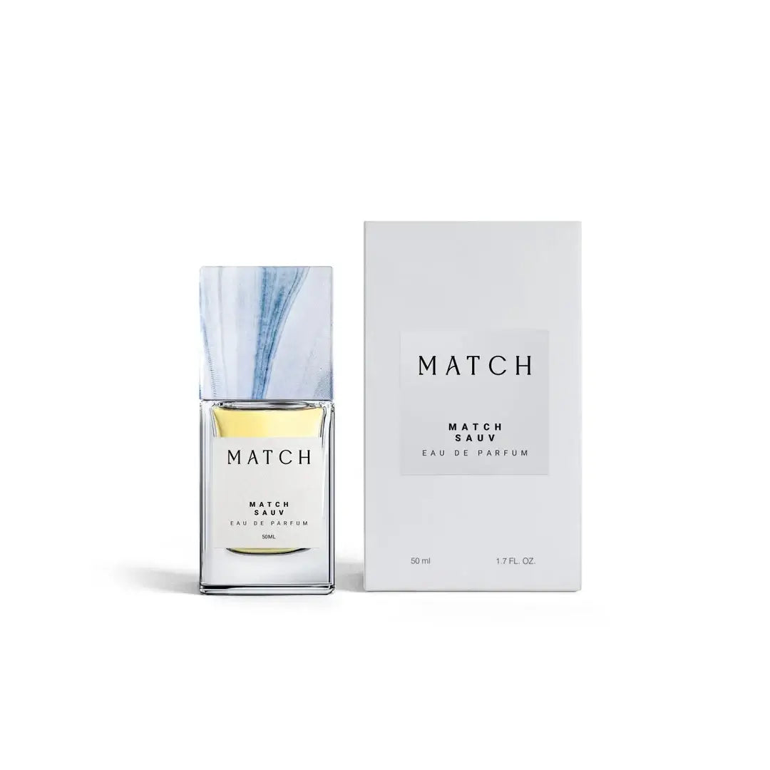 'Sauv' perfume bottle & packaging in a white background with 'Match' branding