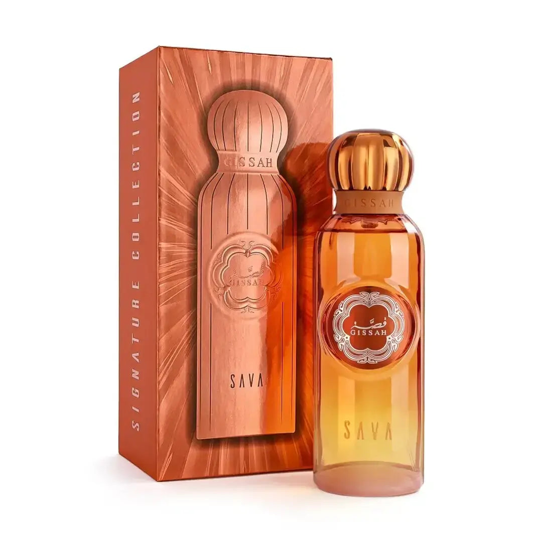 'Sava' perfume bottle & packaging in a white background with 'Gissah' branding