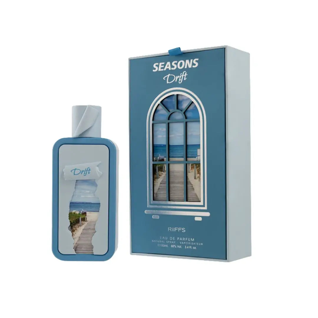 'Seasons Drift' perfume bottle & packaging with 'Riiffs' branding on a white background