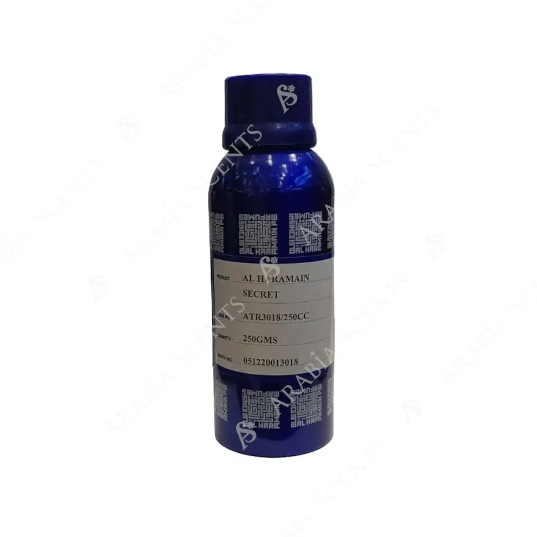 'Secret' perfume oil blue bottle with 'Al Haramain' branding on a white background
