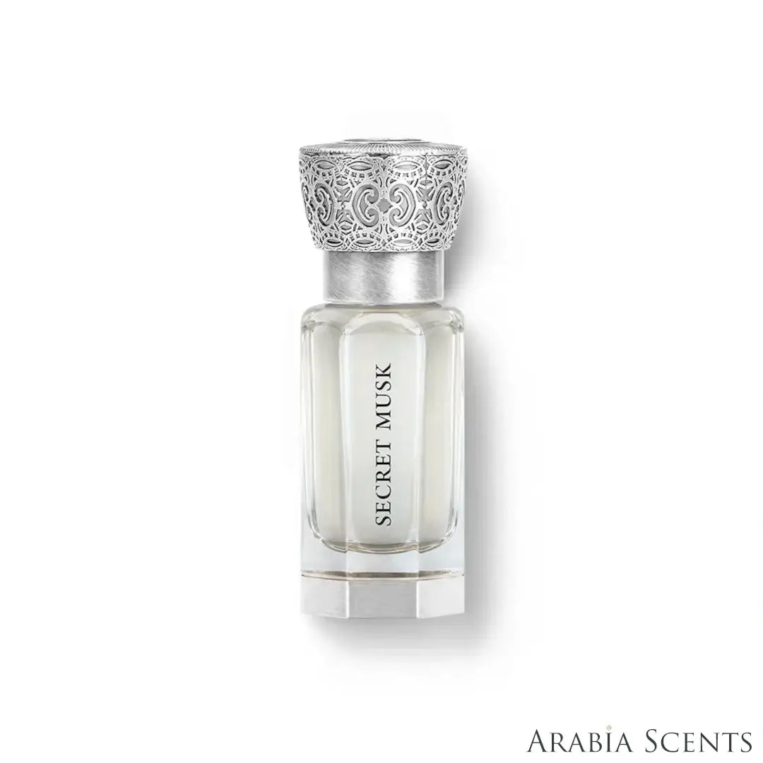 'Secret Musk' perfume oil bottle on a white background with 'Swiss Arabian' branding featured by 'Arabiascents'