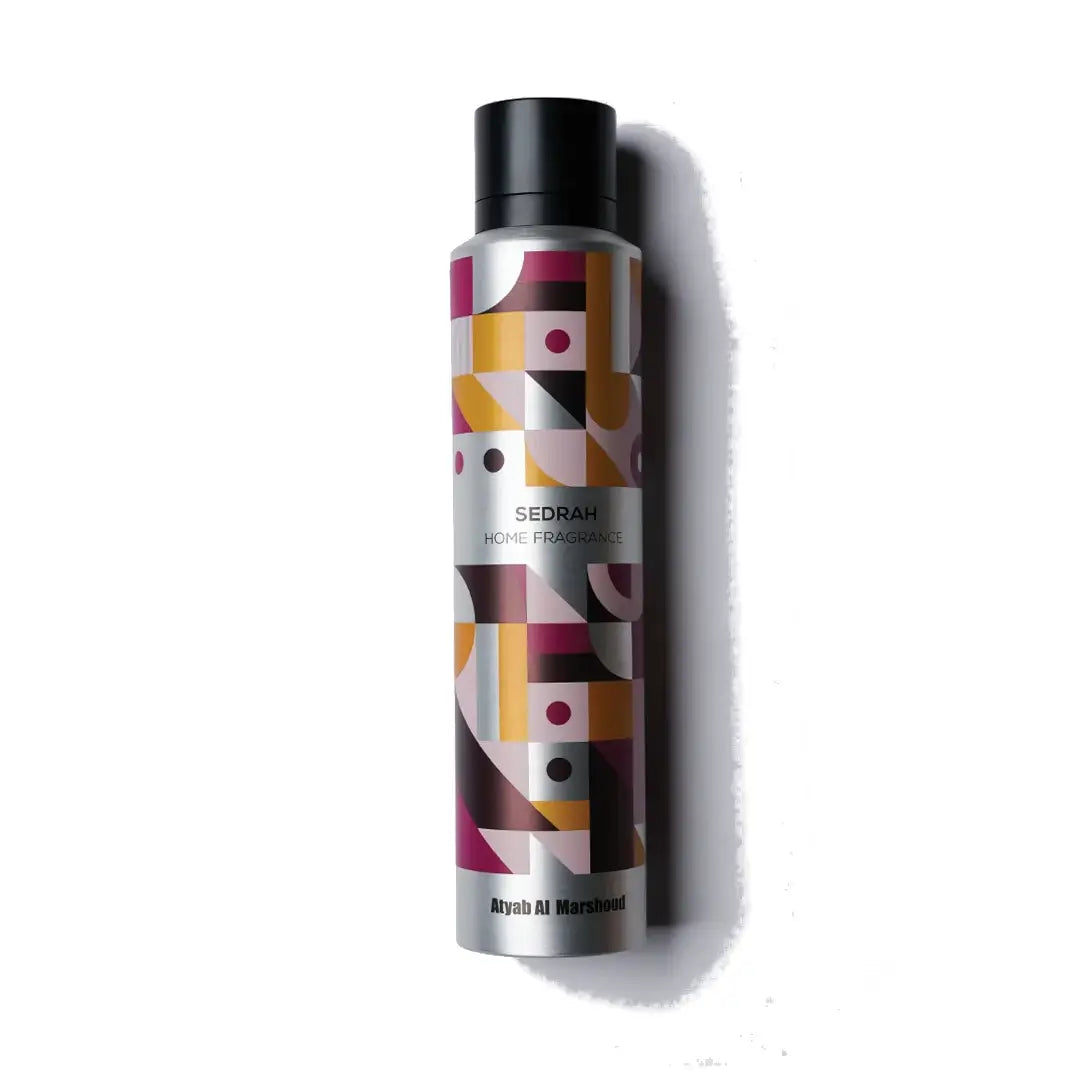 'Sedrah Home Fragrance' Decorative bottle with geometric pattern on a white background branded Atyab Al Marshoud