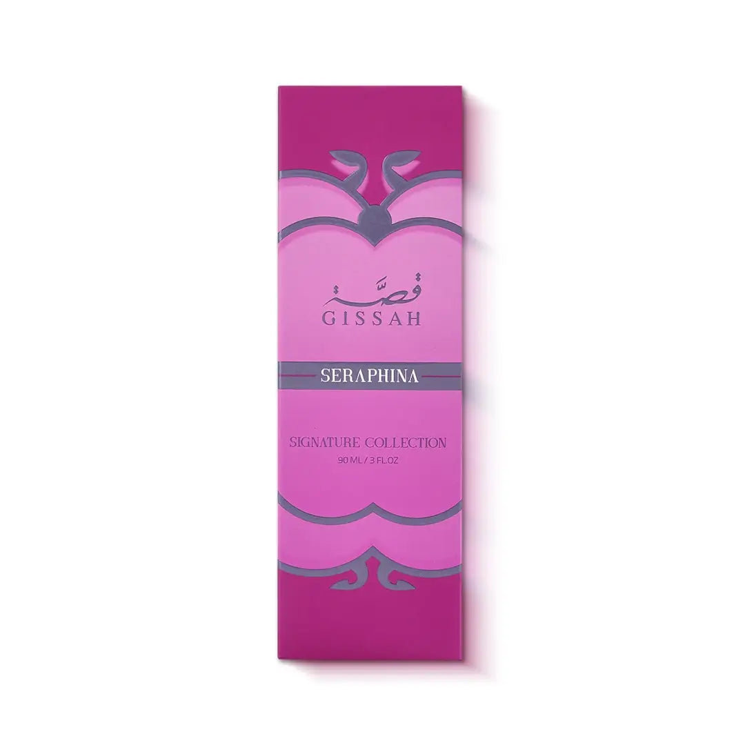 Pink packaging of Gissah Seraphina Perfume on a white background