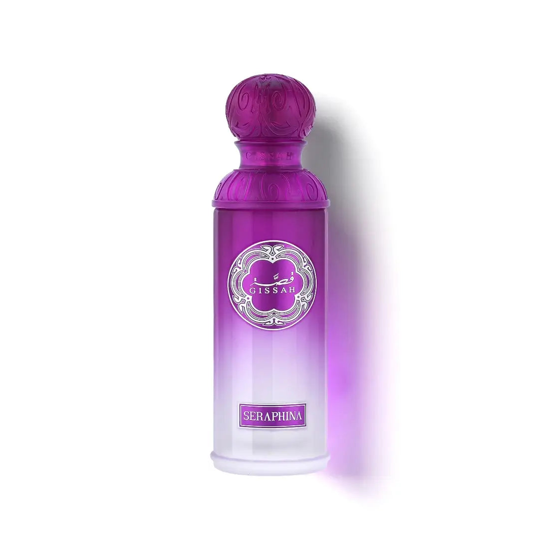 Purple perfume bottle with 'Gissah Seraphina' label on a white background