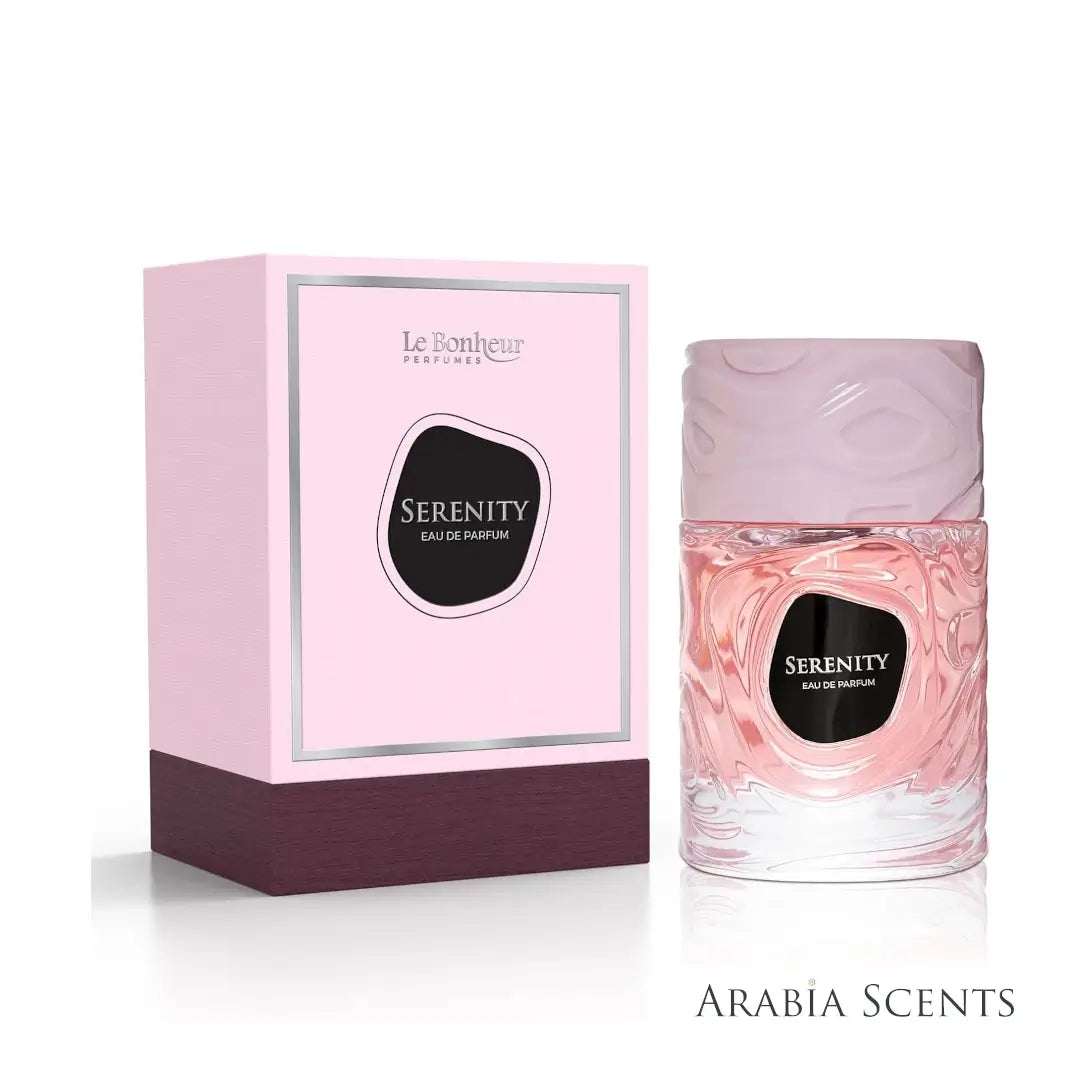 Serenity perfume bottle and packaging with 'Le Bonheur' branding on a white background featured on ArabiaScents