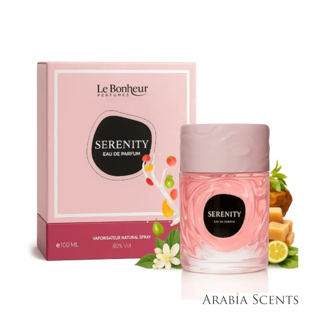 Le Bonheur Serenity perfume bottle and packaging on a white background featured by ArabiaScents