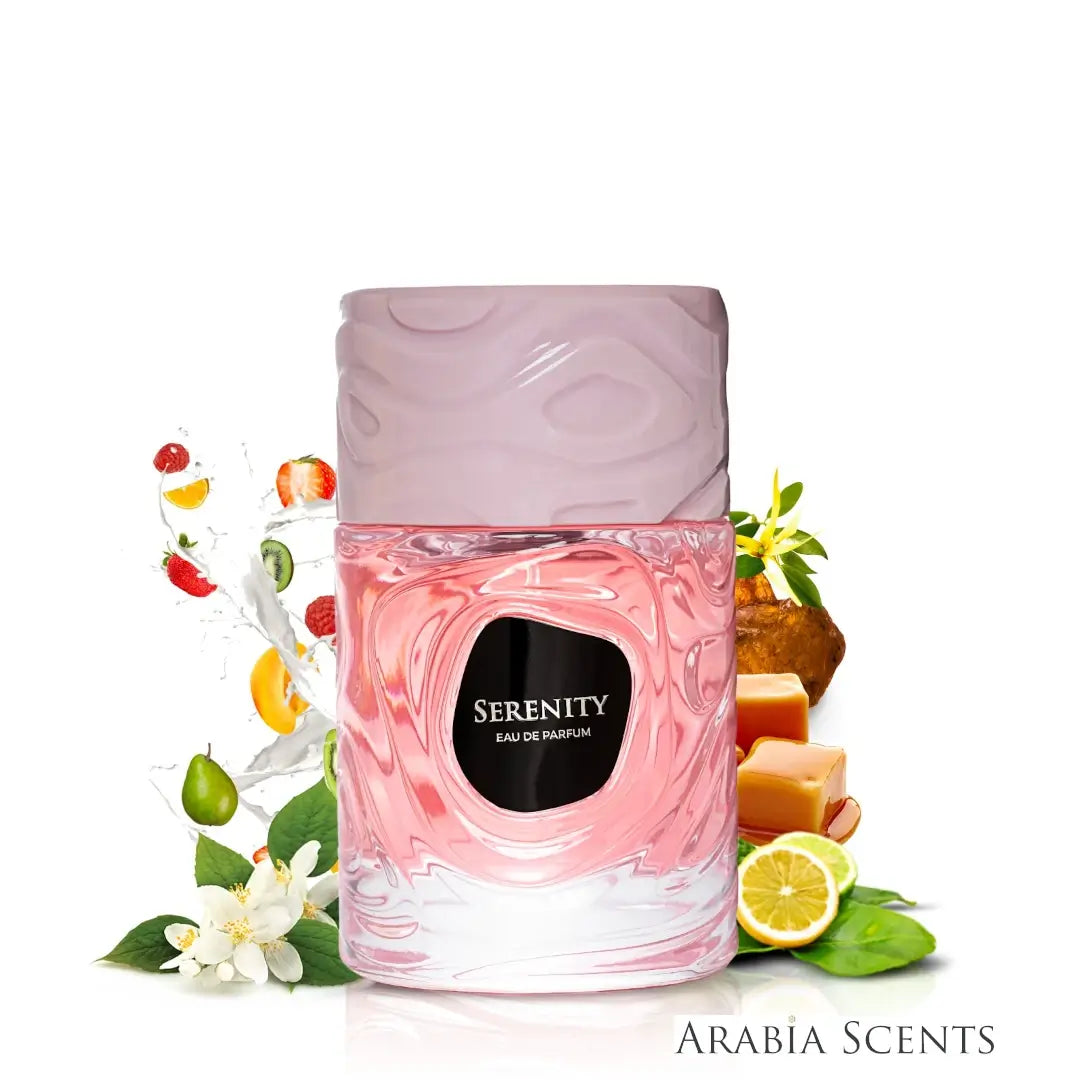 Pink perfume bottle labeled 'Serenity' with floral and fruit elements branded Le Bonheur on a white background, featured by 'Arabia Scents'.
