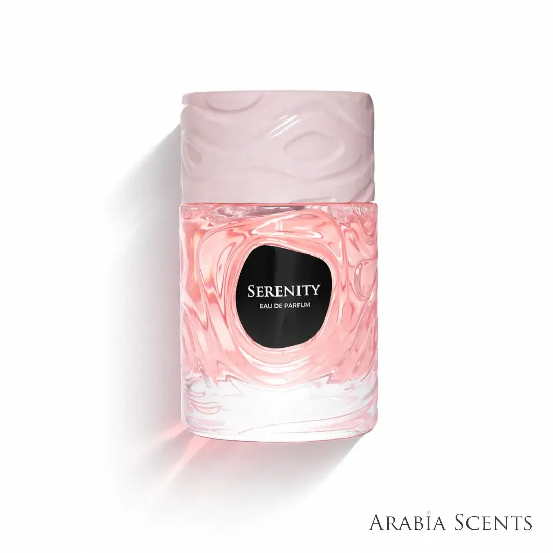 Perfume bottle labeled 'Serenity' by Le Bonheur featured by ArabiaScents on a white background