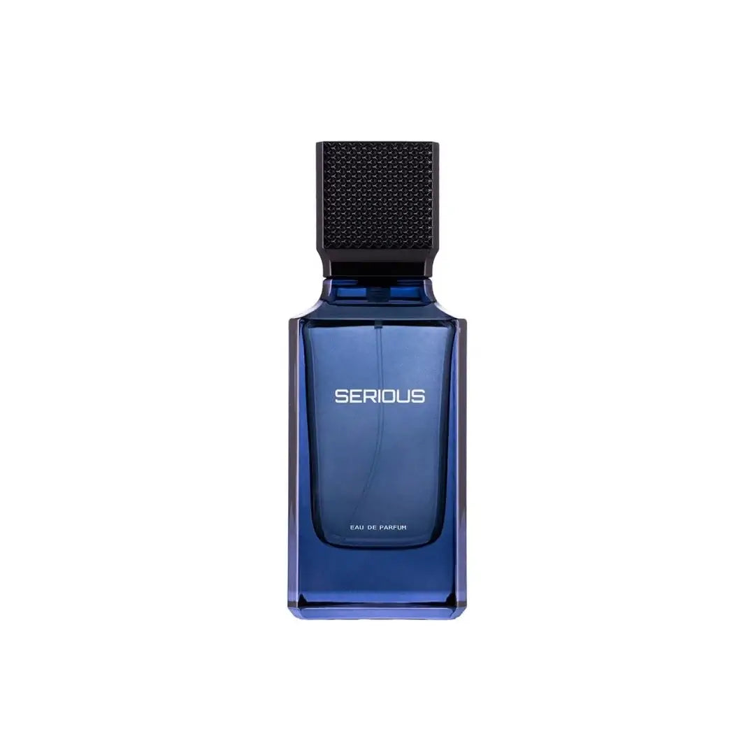 'Serious EDP' Blue perfume bottle with black cap on a white background with Al Majed Oud branding