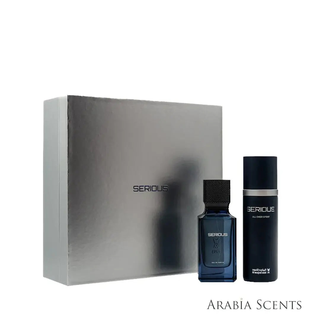 Serious Gift Set packaging branded Al Majed Oud on a white background featured n 'ArabiaScents'