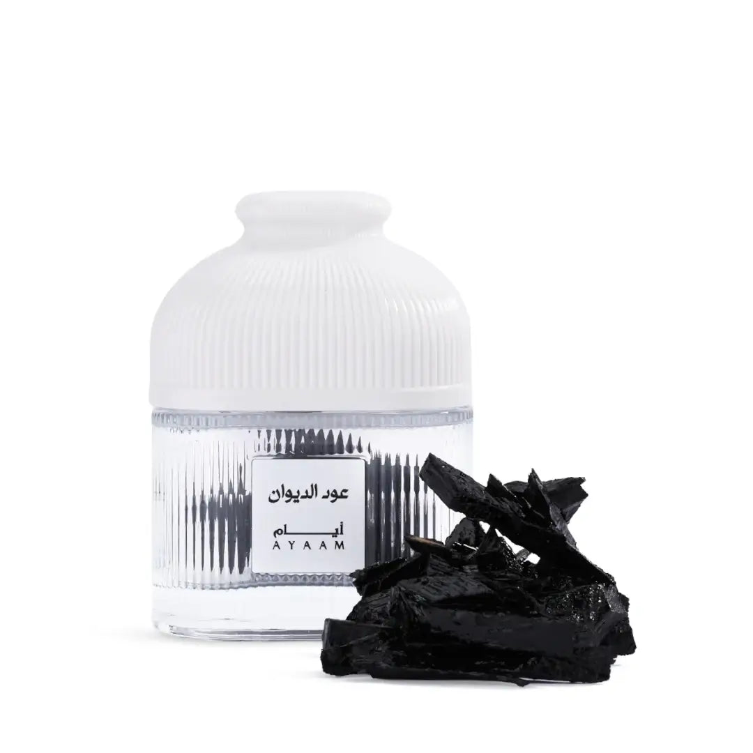 'Oud Al Diwan' bakhour bottle in a white background with 'Ayaam' branding