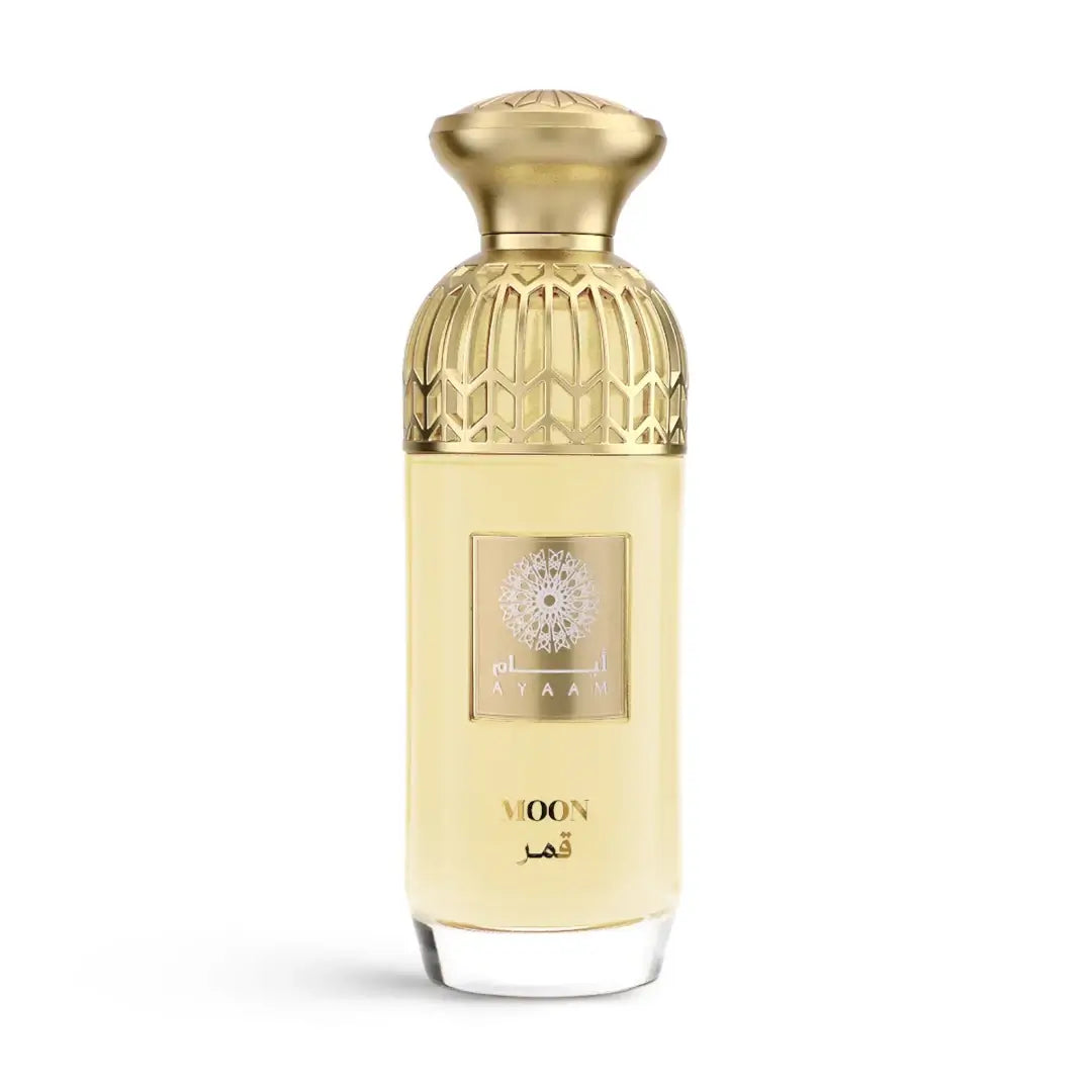'Qamar' perfume bottle in a white background with 'Ayaam' branding
