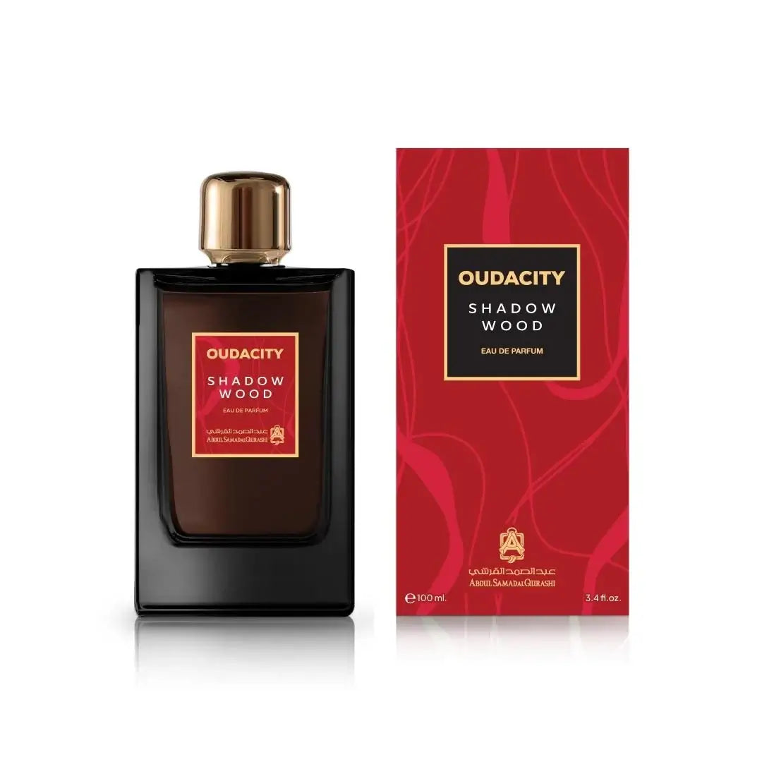 Oudacity Shadow Wood perfume bottle and packaging on a white background Abdul Samad Al Qurashi