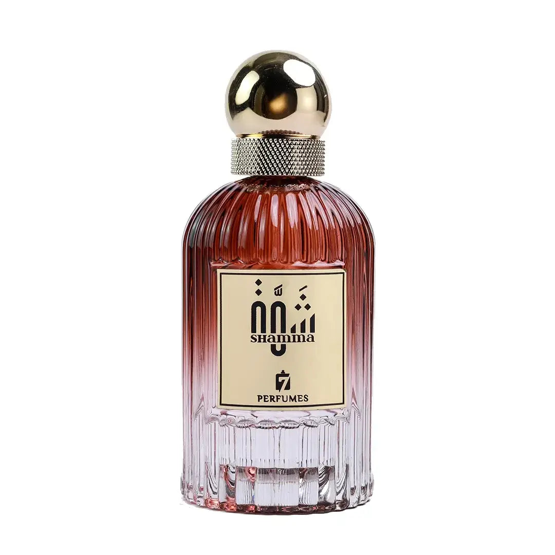 Perfume bottle with gold cap and 'Shamma' label on a white background with 7 Perfumes branding