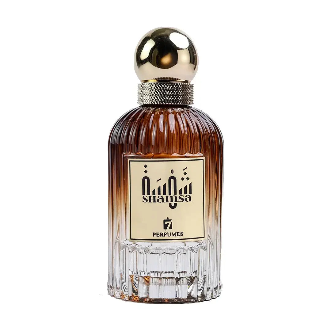 Perfume bottle with gold cap and 'Shamsa' label on a white background with 7 Perfumes branding