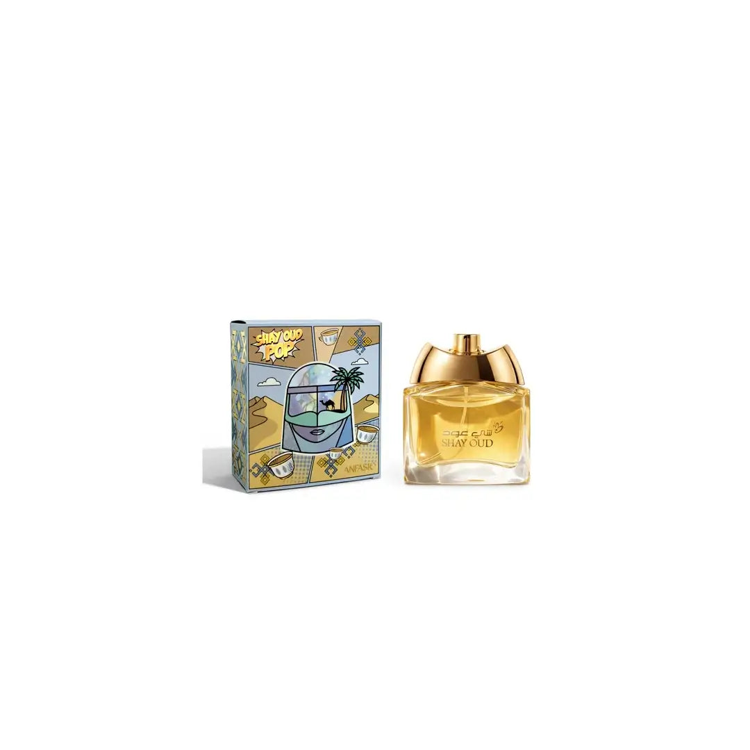 'Shay Oud Pop' perfume bottle in a white background with 'Anfasic' branding