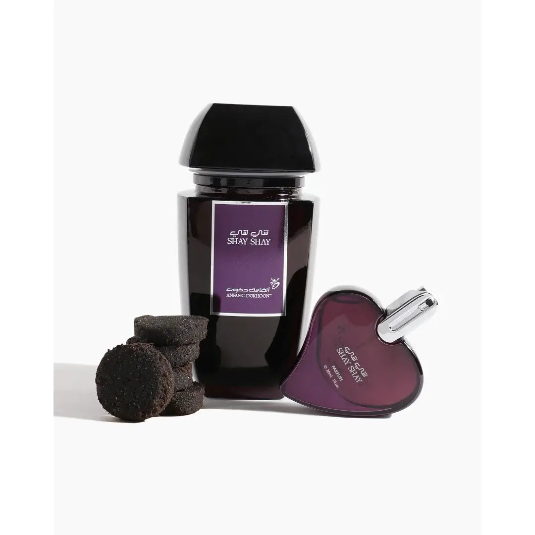 'Shay Shay' Dokhoon & perfume bottle on a white background with 'Anfasic' branding