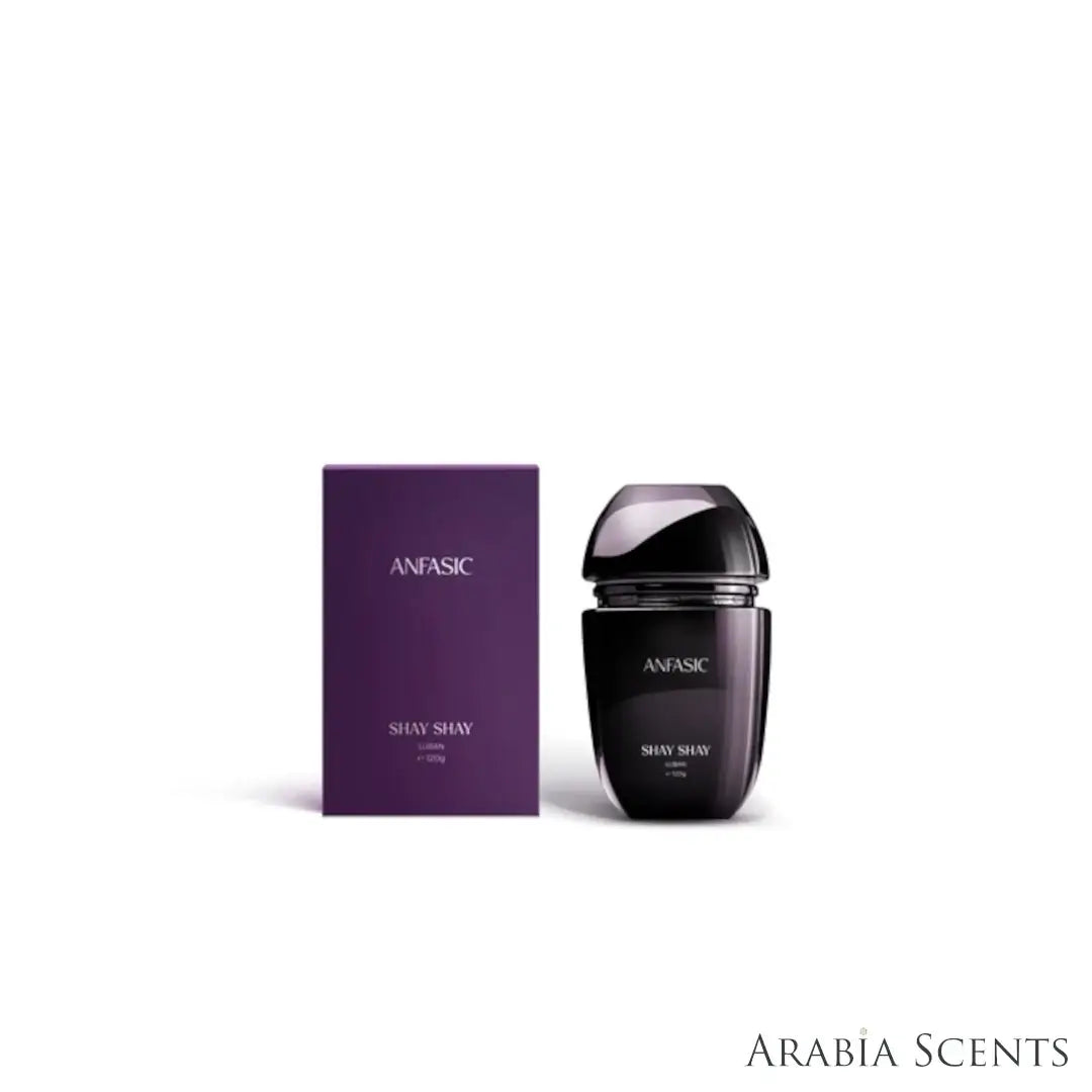 'Shay Shay Luban' dokhoon bottle & packaging on a white background with 'Anfasic' branding featured by 'Arabiascents'