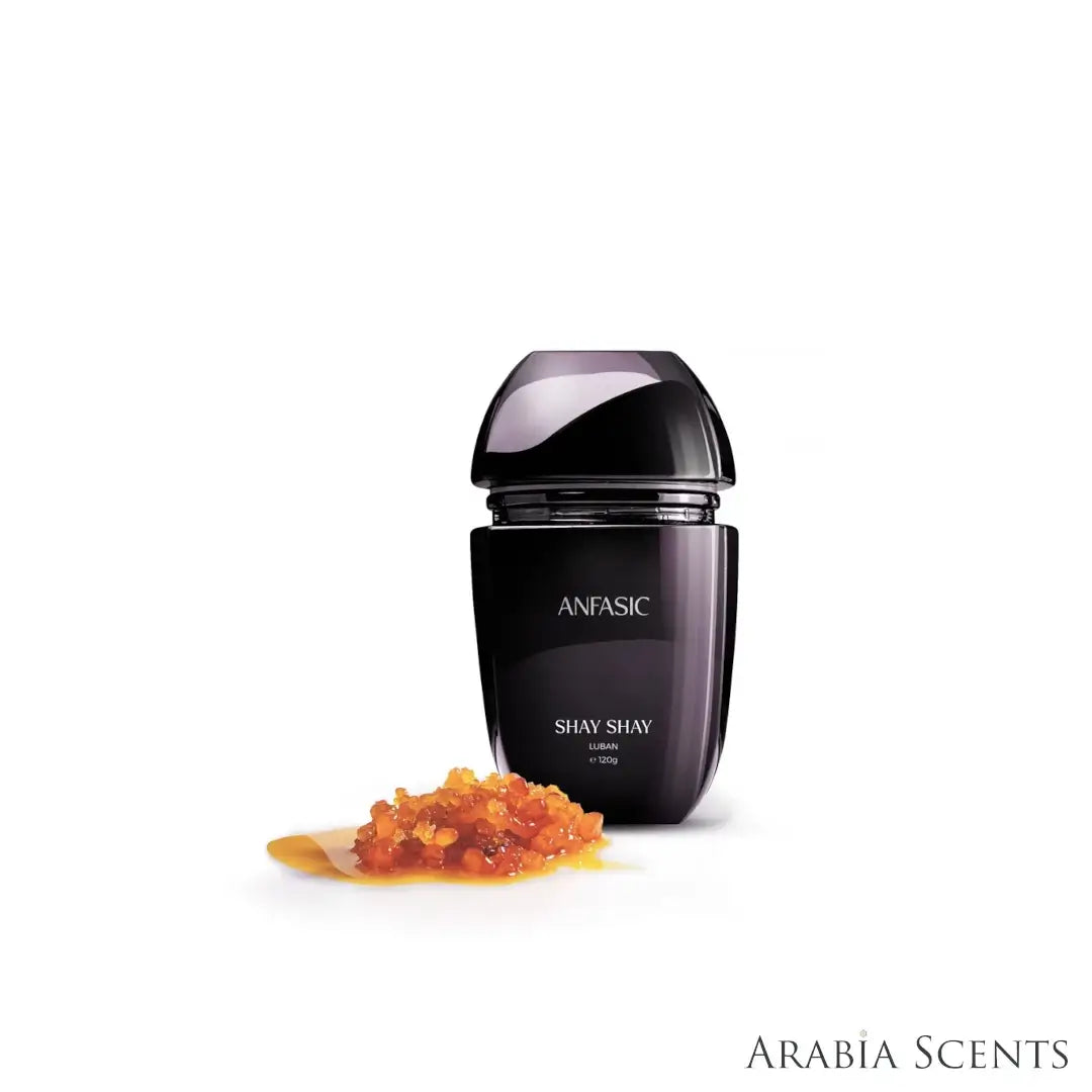 'Shay Shay Luban' dokhoon bottle on a white background with 'Anfasic' branding featured by 'Arabiascents'