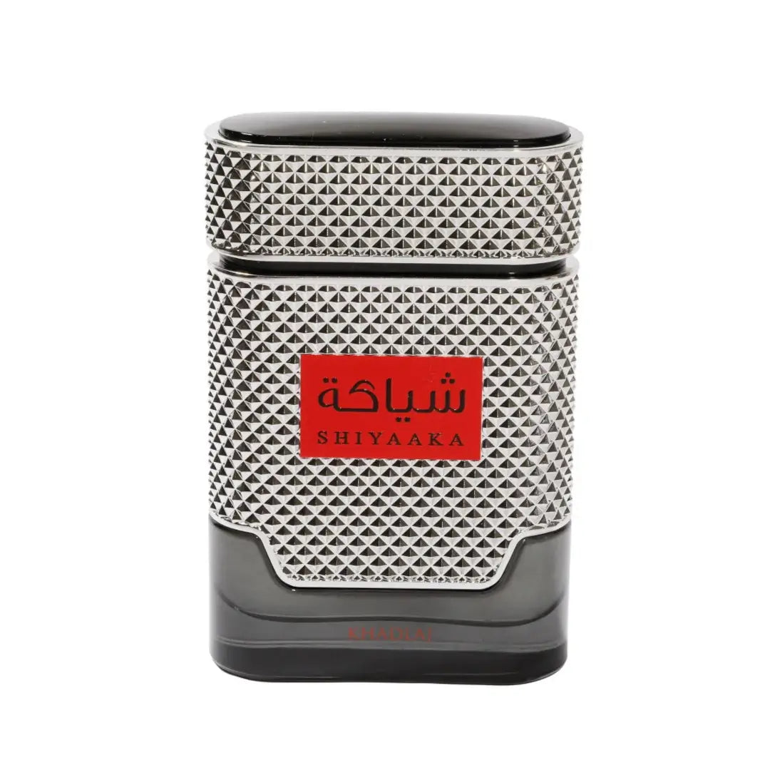 'Shiyaaka Red' perfume bottle in a white background with 'Khadlaj' branding