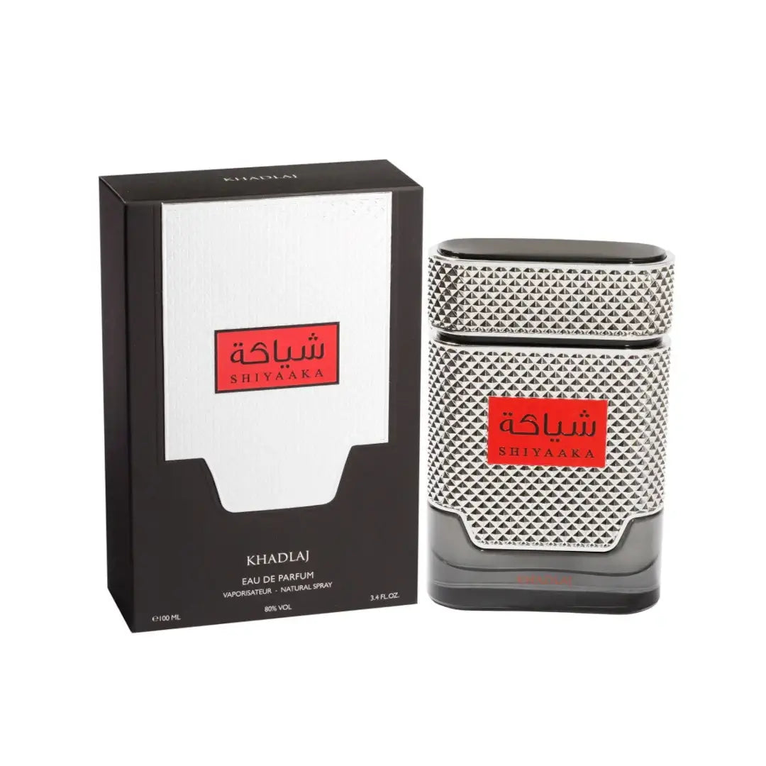 'Shiyaaka Red' perfume bottle with packaging in a white background with 'Khadlaj' branding