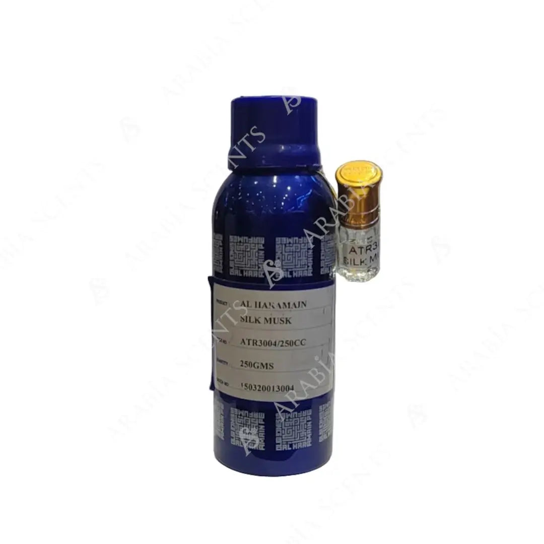 'Al Haramain Silk Musk' perfume oil bottle on a white background