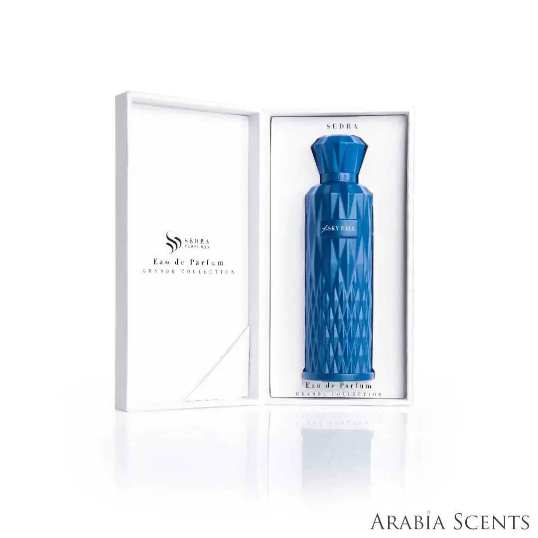 'Sky Fall' perfume bottle & packaging on a white background with 'Sedra' branding featured by 'Arabiascents'