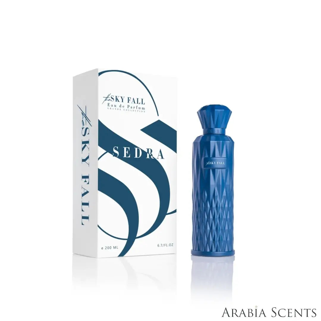 'Sky Fall' perfume bottle & packaging on a white background with 'Sedra' branding featured by 'Arabiascents'