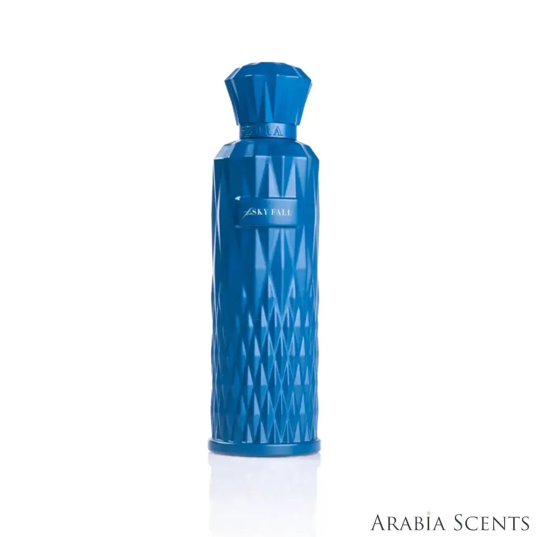'Sky Fall' perfume bottle on a white background with 'Sedra' branding featured by 'Arabiascents'