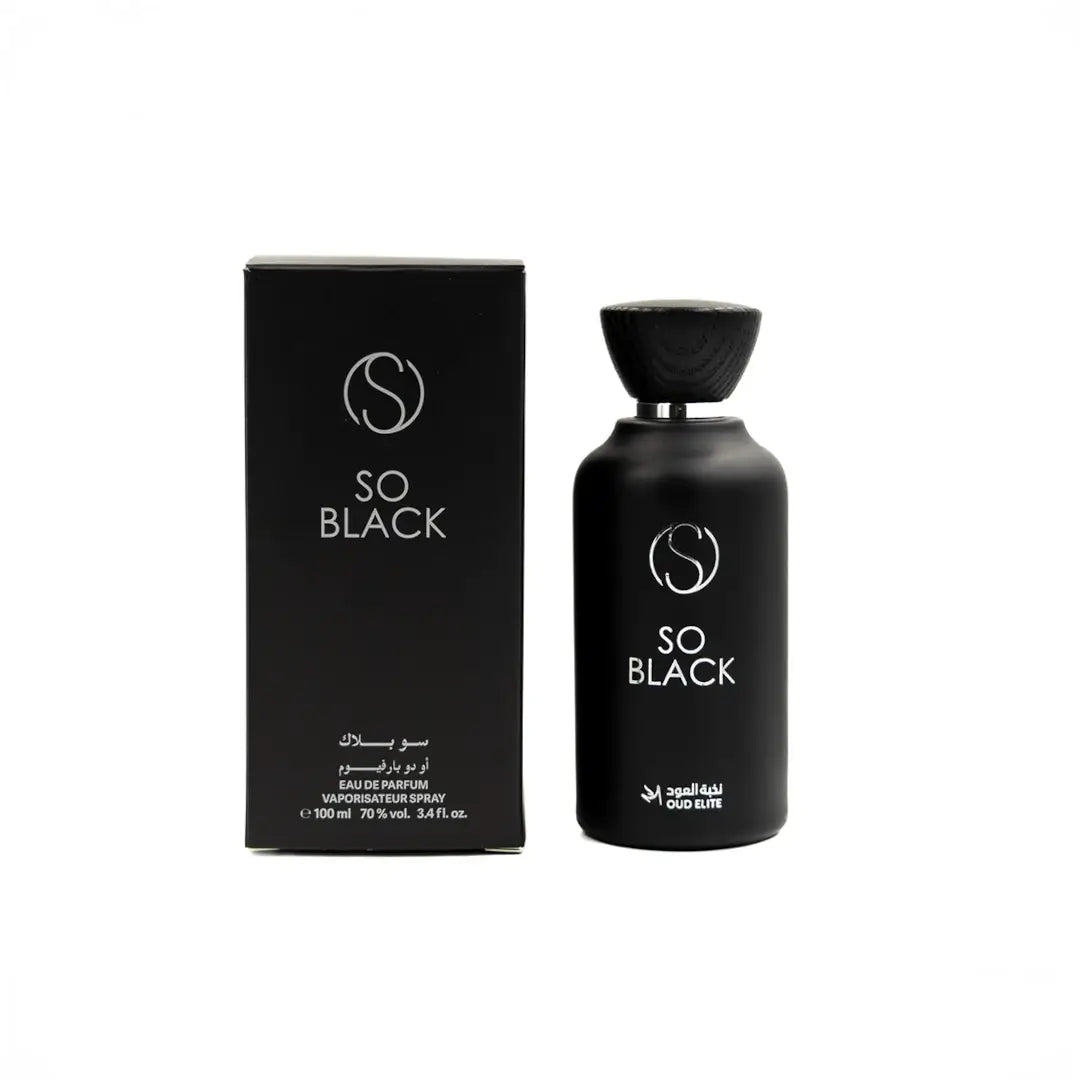 'So Black' perfume bottle & packaging on a white background with 'Oud Elite' branding