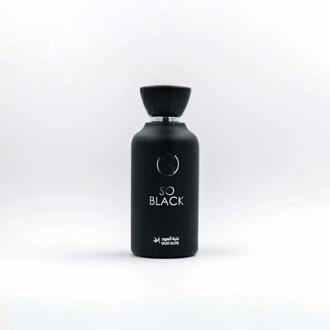 'So Black' perfume bottle on a white background with 'Oud Elite' branding