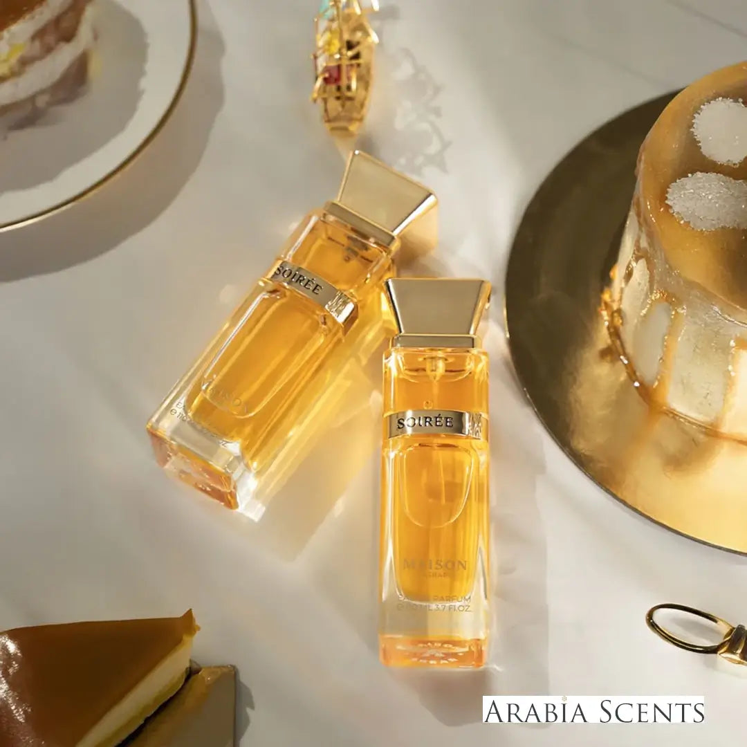Perfume bottle labeled 'Soirée' by Maison Asrar on a white background featured on 'ArabiaScents'