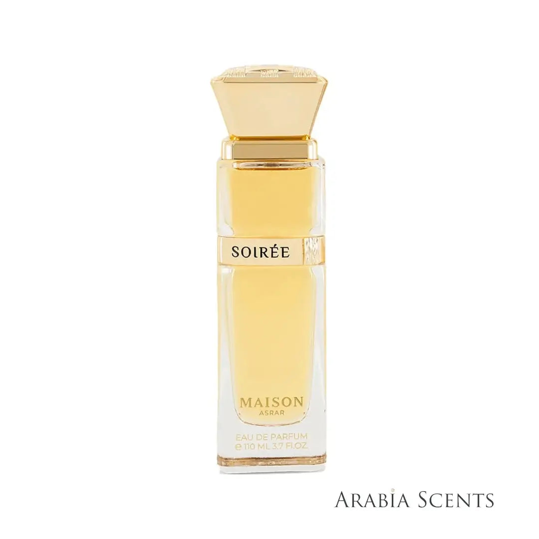 Perfume bottle labeled 'Soirée' by Maison Asrar on a white background featured by 'ArabiaScents'