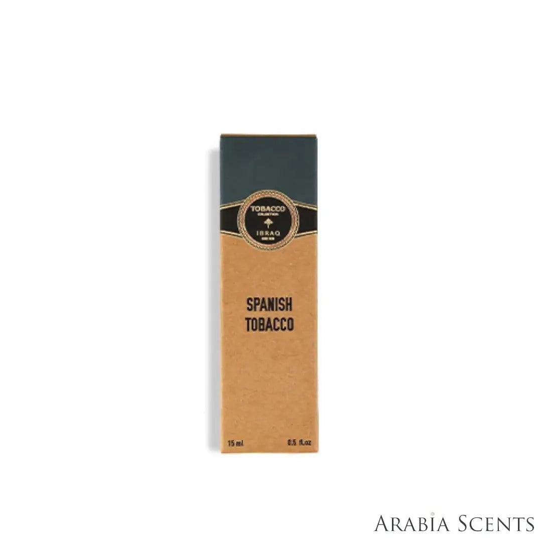 'Spanish Tobacco' oil perfume packaging on a white background with 'IBRAQ' branding featured by 'Arabiascents'