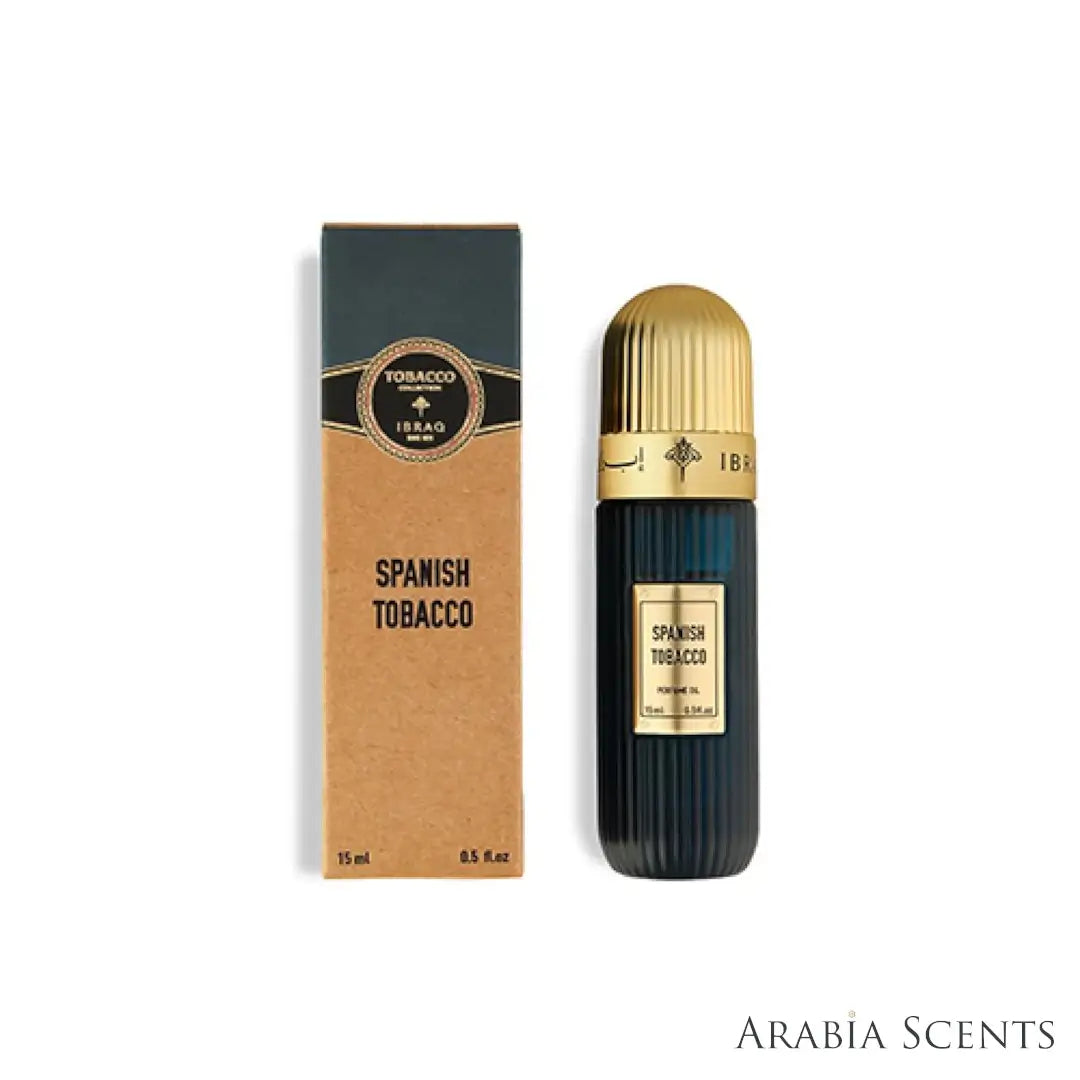 'Spanish Tobacco' oil perfume bottle & packaging on a white background with 'IBRAQ' branding featured by 'Arabiascents'