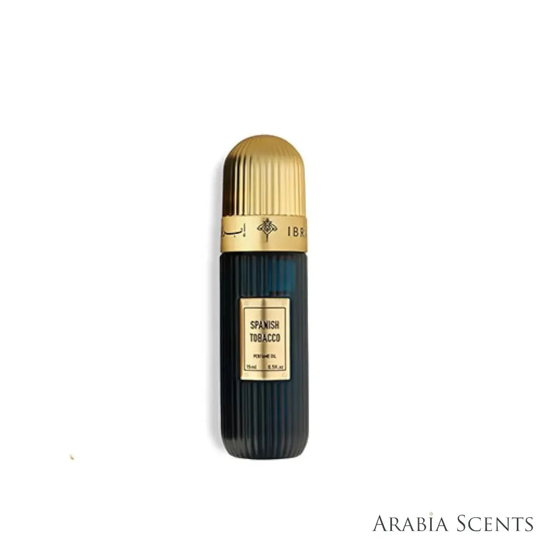 'Spanish Tobacco' oil perfume bottle on a white background with 'IBRAQ' branding featured by 'Arabiascents'