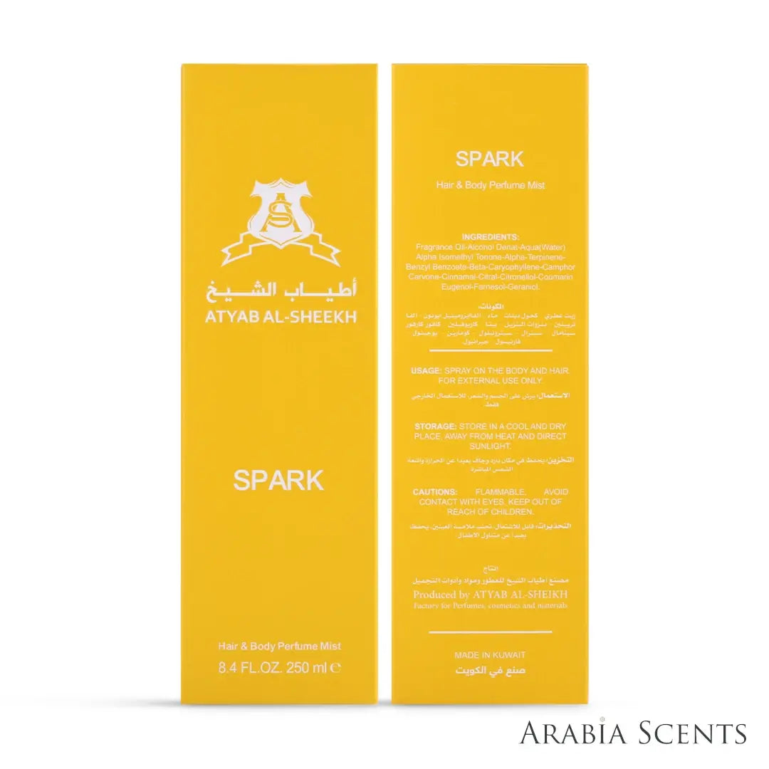 'Spark' hair & body mist perfume  packaging on a white background with 'Atyab Al Sheikh' branding featured by 'Arabiascents'