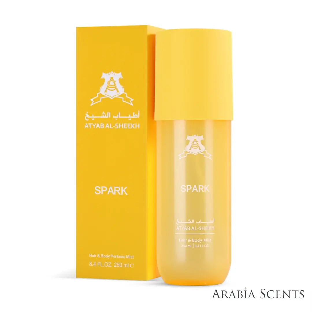'Spark' hair & body mist perfume bottle & packaging on a white background with 'Atyab Al Sheikh' branding featured by 'Arabiascents'