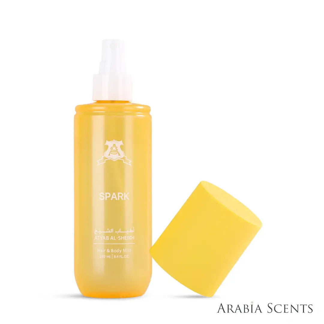 'Spark' hair & body mist perfume bottle on a white background with 'Atyab Al Sheikh' branding featured by 'Arabiascents'