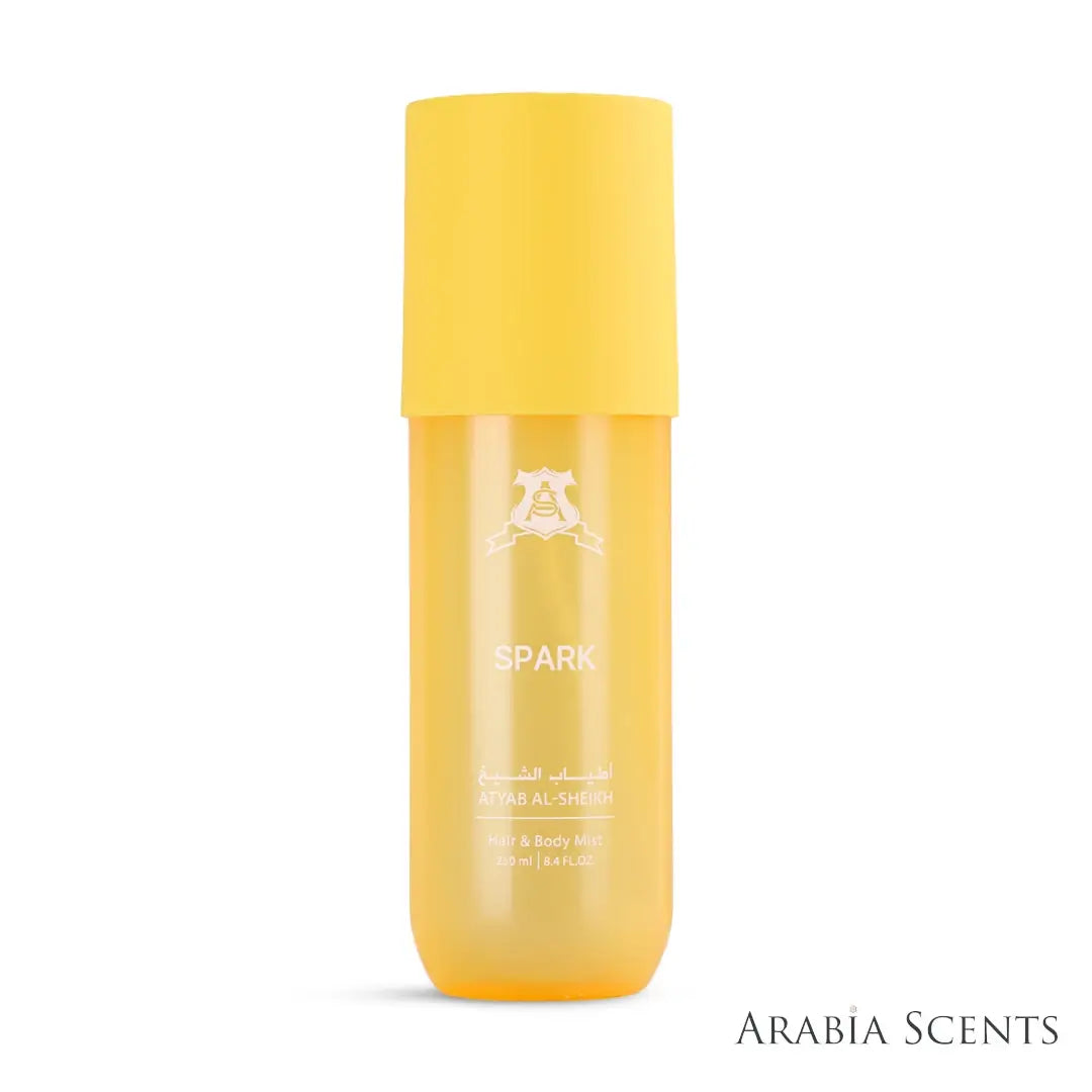 'Spark' hair & body mist perfume bottle on a white background with 'Atyab Al Sheikh' branding featured by 'Arabiascents'