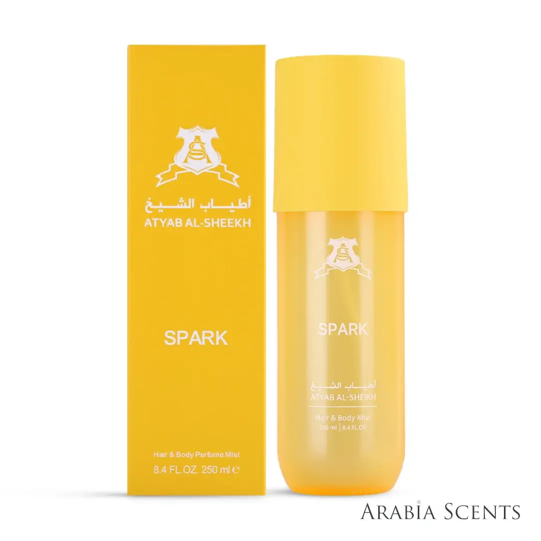 'Spark' hair & body mist perfume bottle & packaging on a white background with 'Atyab Al Sheikh' branding featured by 'Arabiascents'
